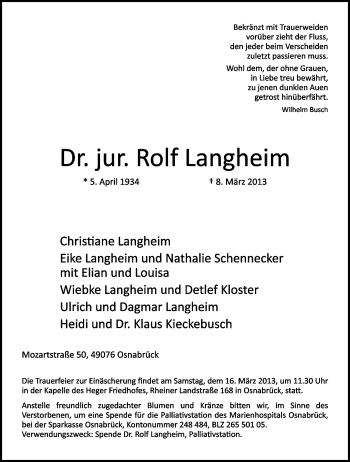 Traueranzeige von Rolf Langheim von Neue Osnabrücker Zeitung GmbH & Co. KG