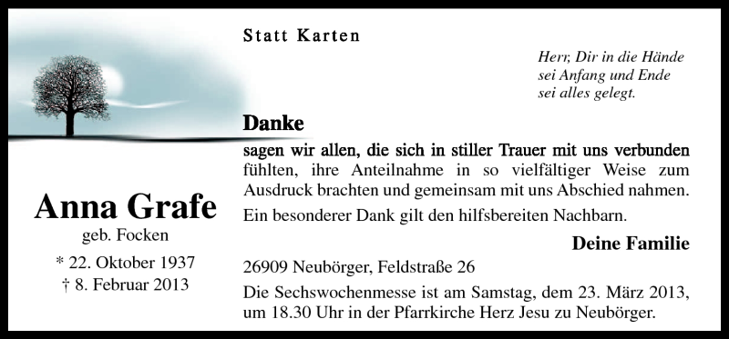  Traueranzeige für Anna Grafe vom 20.03.2013 aus Neue Osnabrücker Zeitung GmbH & Co. KG