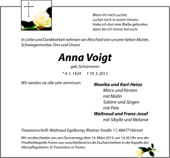 Traueranzeige von Anna Voigt von Neue Osnabrücker Zeitung GmbH & Co. KG