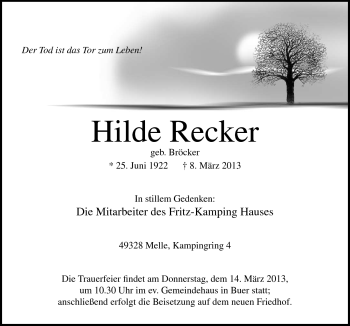 Traueranzeige von Hilde Recker von Neue Osnabrücker Zeitung GmbH & Co. KG