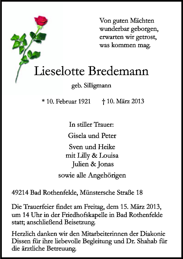  Traueranzeige für Lieselotte Bredemann vom 12.03.2013 aus Neue Osnabrücker Zeitung GmbH & Co. KG