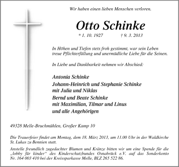 Traueranzeige von Otto Schinke von Neue Osnabrücker Zeitung GmbH & Co. KG