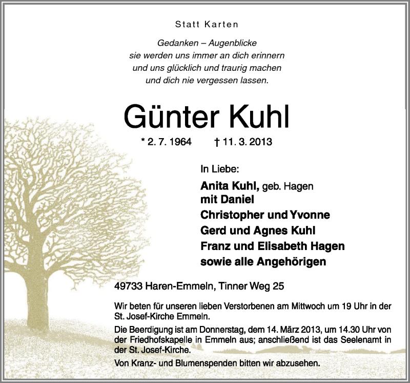  Traueranzeige für Günter Kuhl vom 13.03.2013 aus Neue Osnabrücker Zeitung GmbH & Co. KG