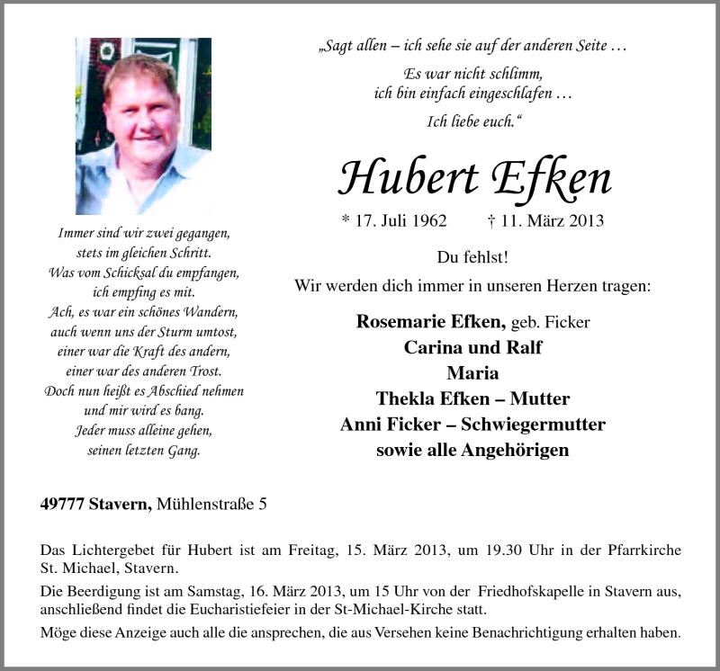  Traueranzeige für Hubert Efken vom 13.03.2013 aus Neue Osnabrücker Zeitung GmbH & Co. KG