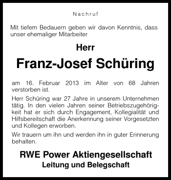 Traueranzeige von Franz-Josef Schüring von Neue Osnabrücker Zeitung GmbH & Co. KG