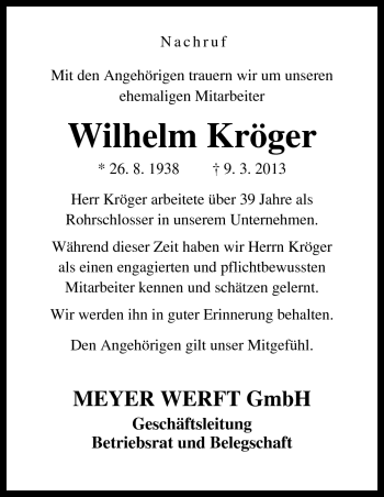 Traueranzeige von Wilhelm Kröger von Neue Osnabrücker Zeitung GmbH & Co. KG