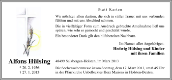 Traueranzeige von Alfons Hülsing von Neue Osnabrücker Zeitung GmbH & Co. KG