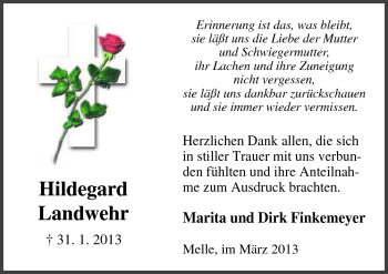 Traueranzeige von Hildegard Landwehr von Neue Osnabrücker Zeitung GmbH & Co. KG