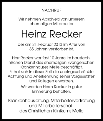 Traueranzeige von Heinz Recker von Neue Osnabrücker Zeitung GmbH & Co. KG
