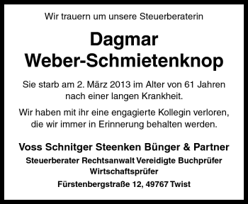 Traueranzeige von Dagmar Weber-Schmietenknop von Neue Osnabrücker Zeitung GmbH & Co. KG