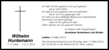 Traueranzeige von Wilhelm Huntemann von Neue Osnabrücker Zeitung GmbH & Co. KG