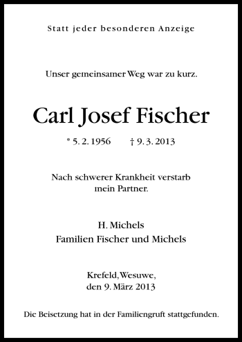 Traueranzeige von Carl Josef Fischer von Neue Osnabrücker Zeitung GmbH & Co. KG