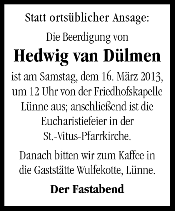 Traueranzeige von Hedwig van Dülmen von Neue Osnabrücker Zeitung GmbH & Co. KG