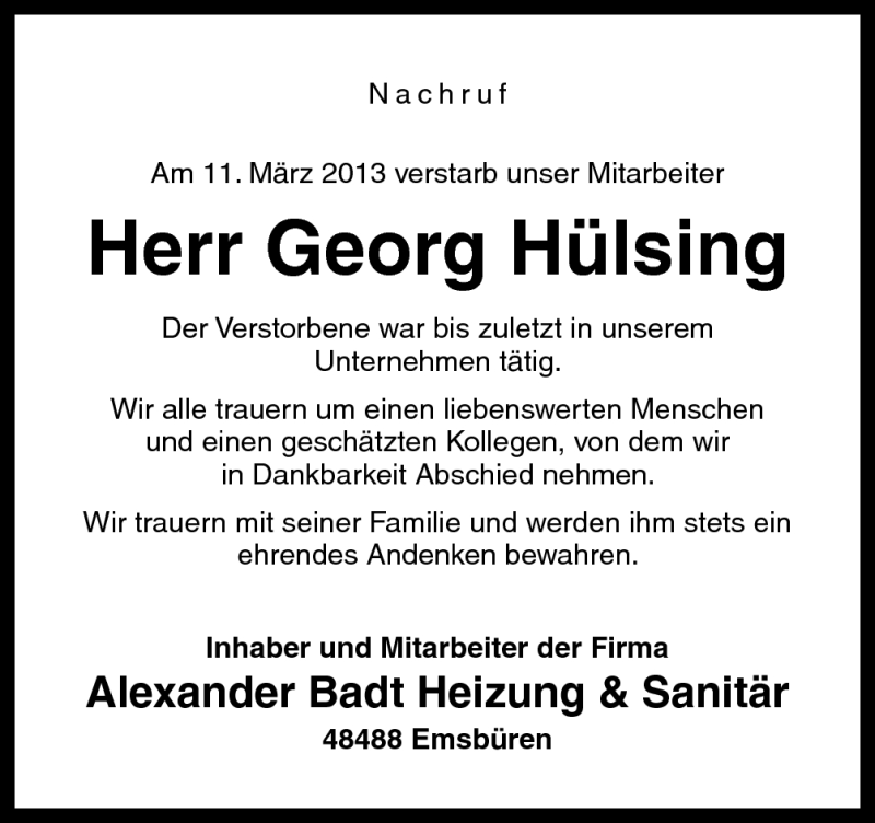  Traueranzeige für Georg Hülsing vom 14.03.2013 aus Neue Osnabrücker Zeitung GmbH & Co. KG
