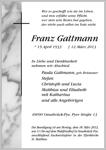 Traueranzeige von Franz Gattmann von Neue Osnabrücker Zeitung GmbH & Co. KG