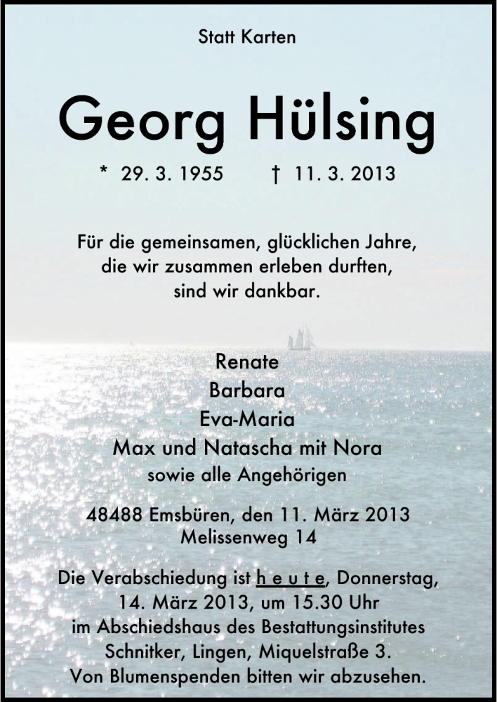  Traueranzeige für Georg Hülsing vom 14.03.2013 aus Neue Osnabrücker Zeitung GmbH & Co. KG