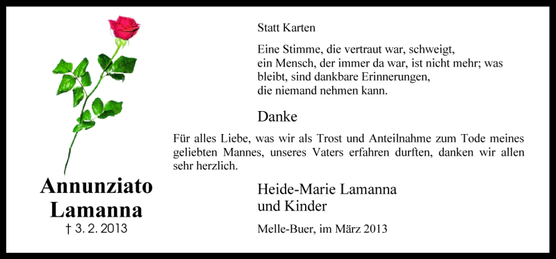  Traueranzeige für Annunziato Lamanna vom 16.03.2013 aus Neue Osnabrücker Zeitung GmbH & Co. KG