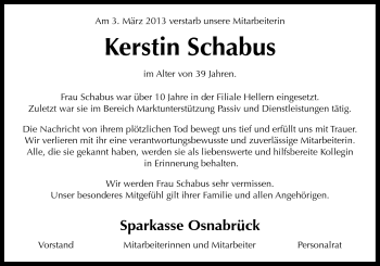 Traueranzeige von Kerstin Schabus von Neue Osnabrücker Zeitung GmbH & Co. KG