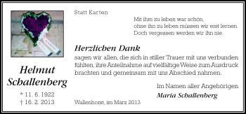 Traueranzeige von Helmut Schallenberg von Neue Osnabrücker Zeitung GmbH & Co. KG