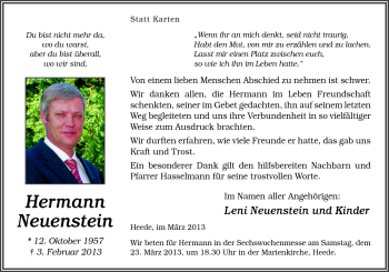 Traueranzeige von Hermann Neuenstein von Neue Osnabrücker Zeitung GmbH & Co. KG