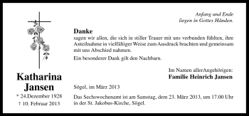 Traueranzeige von Katharina Jansen von Neue Osnabrücker Zeitung GmbH & Co. KG