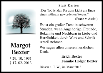 Traueranzeige von Margot Bexter von Neue Osnabrücker Zeitung GmbH & Co. KG