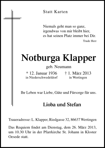 Traueranzeige von Notburga Klapper von Neue Osnabrücker Zeitung GmbH & Co. KG