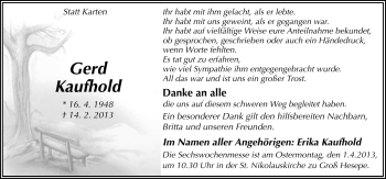 Traueranzeige von Gerd Kaufhold von Neue Osnabrücker Zeitung GmbH & Co. KG