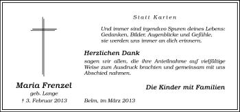 Traueranzeige von Maria Frenzel von Neue Osnabrücker Zeitung GmbH & Co. KG