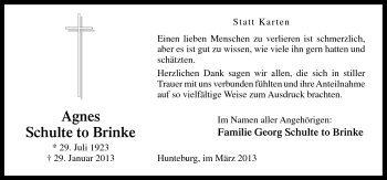 Traueranzeige von Agnes Schulte to Brinke von Neue Osnabrücker Zeitung GmbH & Co. KG