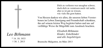 Traueranzeige von Leo Böhmann von Neue Osnabrücker Zeitung GmbH & Co. KG