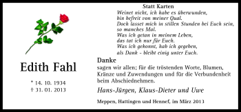 Traueranzeige von Edith Fahl von Neue Osnabrücker Zeitung GmbH & Co. KG