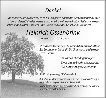 Traueranzeige von Heinrich Ossenbrink von Neue Osnabrücker Zeitung GmbH & Co. KG