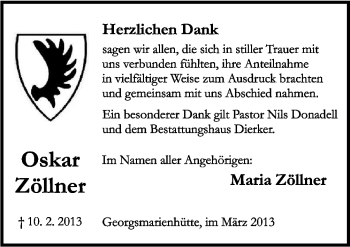 Traueranzeige von Oskar Zöllner von Neue Osnabrücker Zeitung GmbH & Co. KG