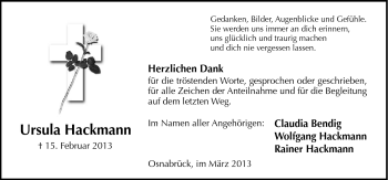 Traueranzeige von Ursula Hackmann von Neue Osnabrücker Zeitung GmbH & Co. KG