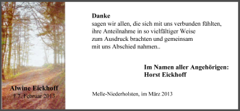 Traueranzeige von Alwine Eickhoff von Neue Osnabrücker Zeitung GmbH & Co. KG