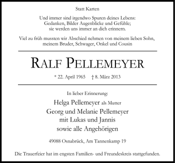 Traueranzeige von Ralf Pellemeyer von Neue Osnabrücker Zeitung GmbH & Co. KG