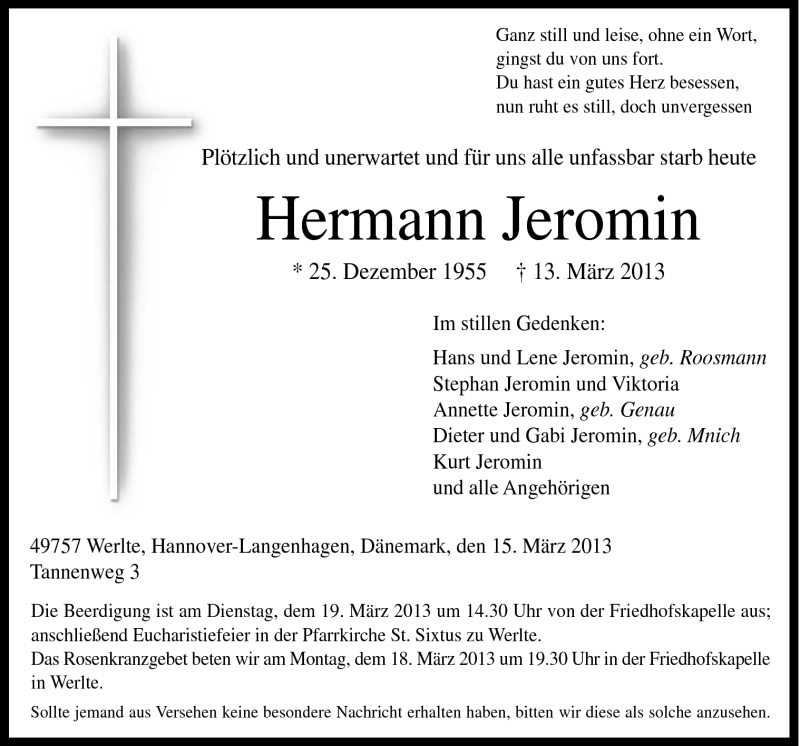  Traueranzeige für Hermann Jeromin vom 16.03.2013 aus Neue Osnabrücker Zeitung GmbH & Co. KG