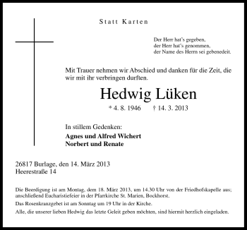 Traueranzeige von Hedwig Lüken von Neue Osnabrücker Zeitung GmbH & Co. KG