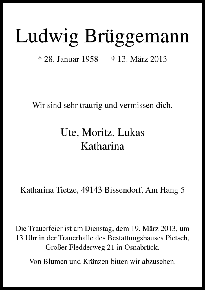  Traueranzeige für Ludwig Brüggemann vom 16.03.2013 aus Neue Osnabrücker Zeitung GmbH & Co. KG