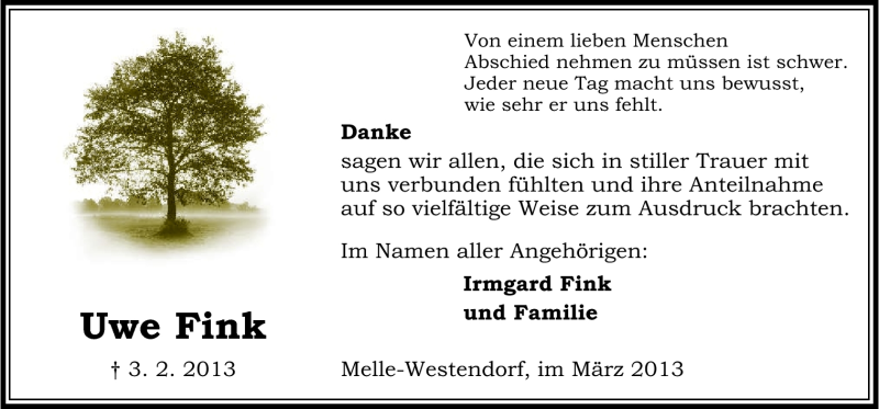  Traueranzeige für Uwe Fink vom 16.03.2013 aus Neue Osnabrücker Zeitung GmbH & Co. KG