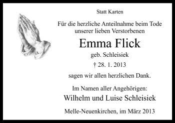 Traueranzeige von Emma Flick von Neue Osnabrücker Zeitung GmbH & Co. KG