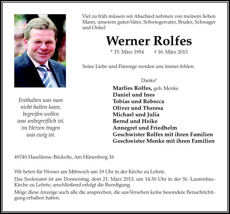 Traueranzeige für Werner Rolfes vom 18.03.2013 aus Neue Osnabrücker Zeitung GmbH & Co. KG