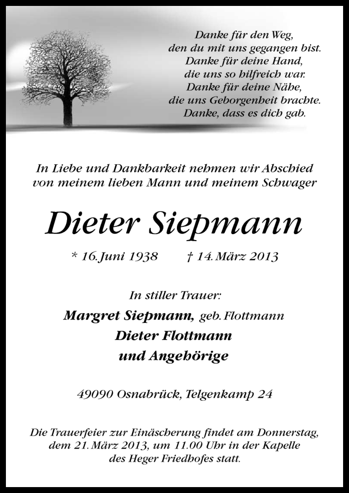  Traueranzeige für Dieter Siepmann vom 18.03.2013 aus Neue Osnabrücker Zeitung GmbH & Co. KG