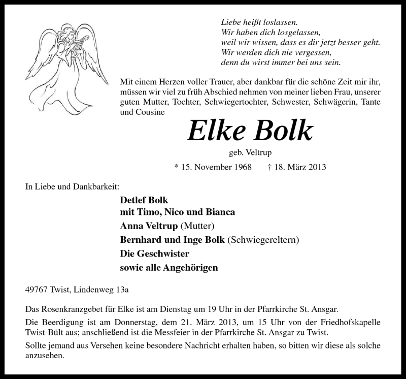  Traueranzeige für Elke Bolk vom 19.03.2013 aus Neue Osnabrücker Zeitung GmbH & Co. KG