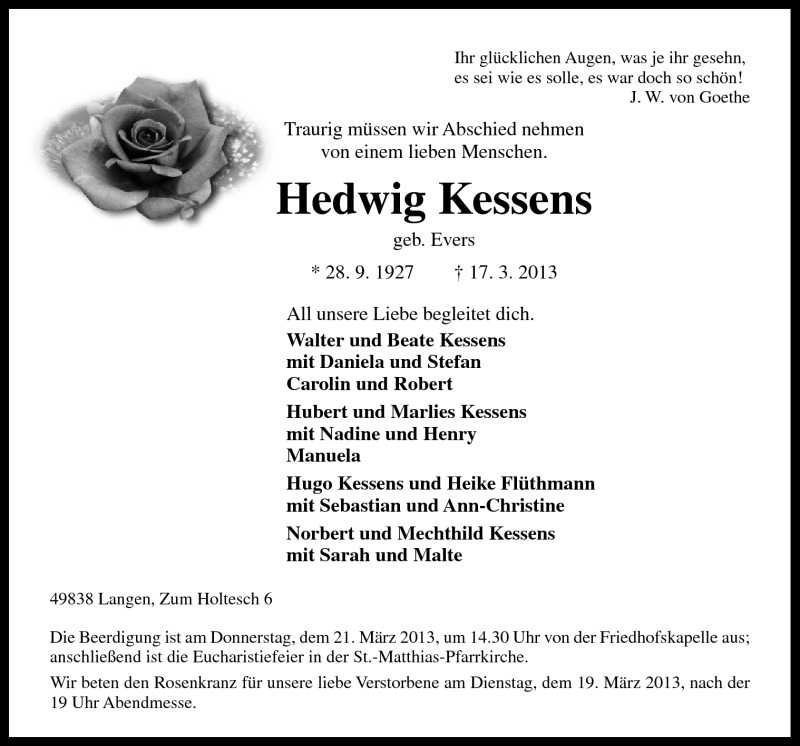  Traueranzeige für Hedwig Kessens vom 19.03.2013 aus Neue Osnabrücker Zeitung GmbH & Co. KG