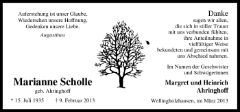 Traueranzeige von Marianne Scholle von Neue Osnabrücker Zeitung GmbH & Co. KG