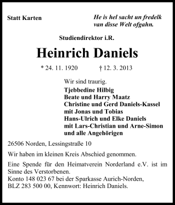 Traueranzeige von Heinrich Daniels von Neue Osnabrücker Zeitung GmbH & Co. KG
