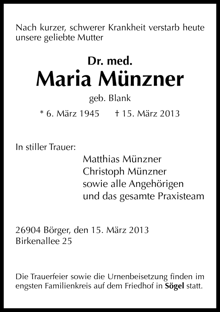  Traueranzeige für Maria Münzner vom 20.03.2013 aus Neue Osnabrücker Zeitung GmbH & Co. KG