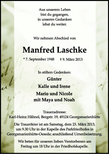 Traueranzeige von Manfred Laschke von Neue Osnabrücker Zeitung GmbH & Co. KG